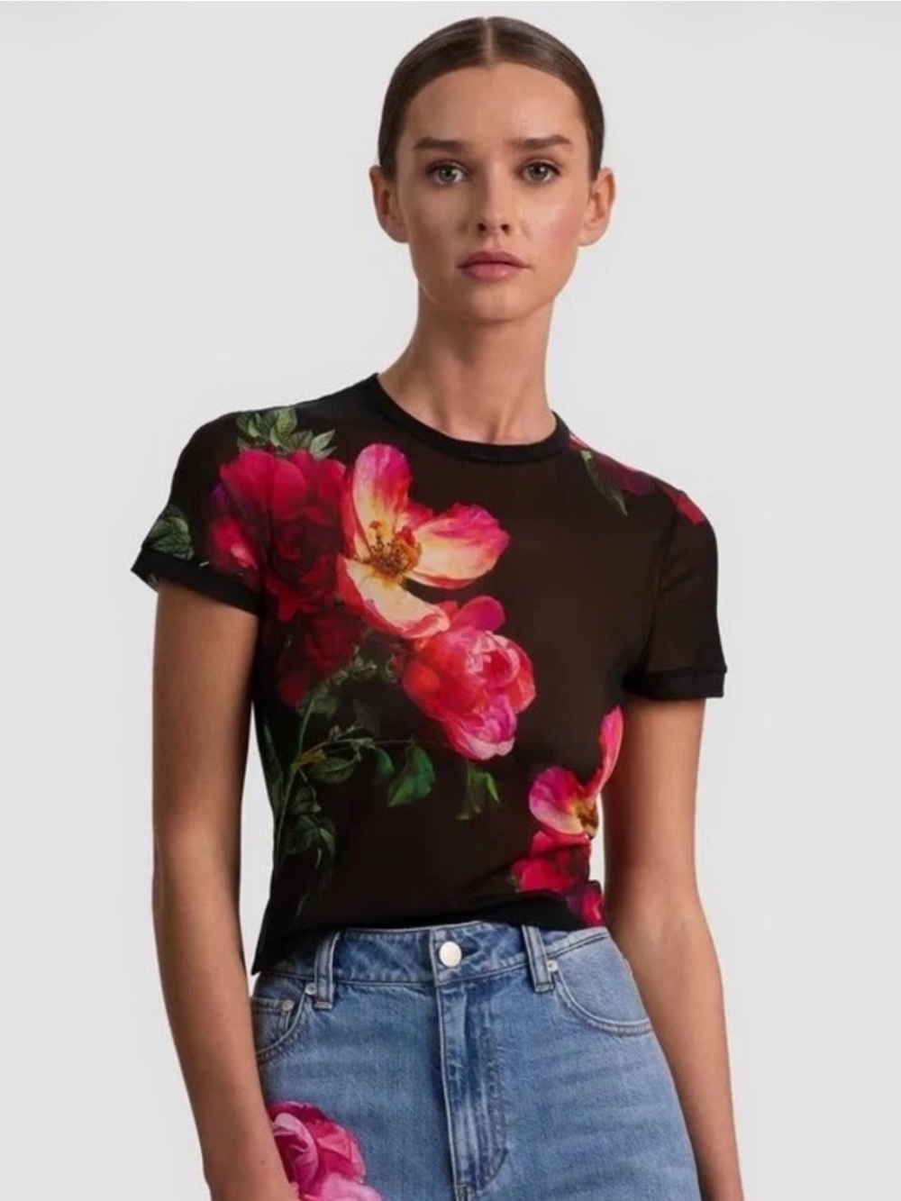 Alice + Olivia Black Floral Mesh Tee with Pink Rose Motif